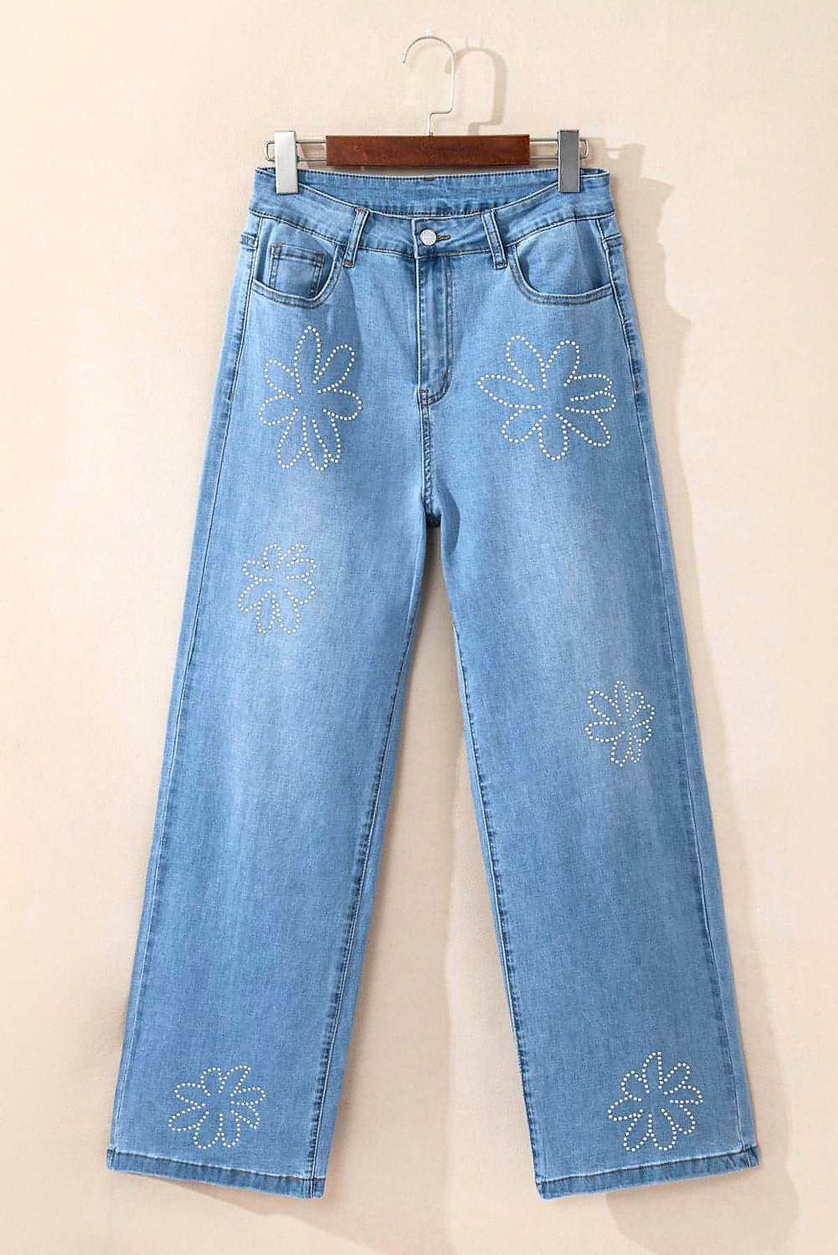 Light Blue Floral Rhinestone Decor High Rise Wide Leg Jeans - enhanced image 12