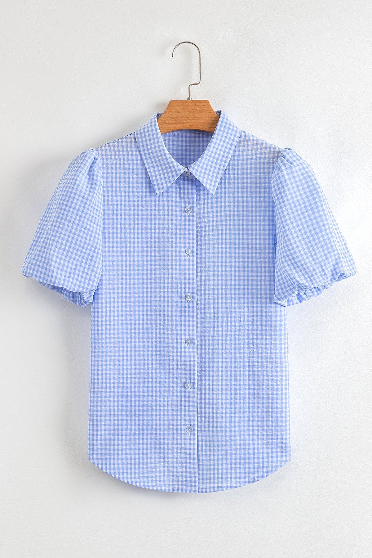Light Blue Gingham Short Puff Sleeve Button Up Shirt - enhanced image 12