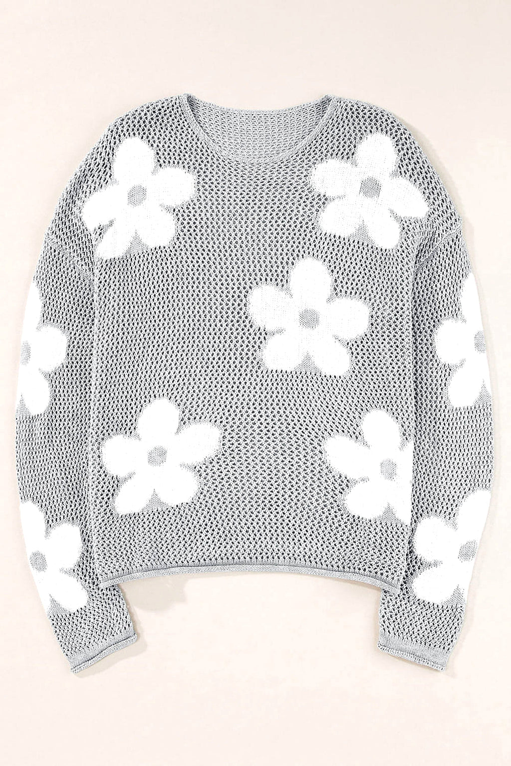 Light Grey Big Flower Hollowed Knit Drop Shoulder Sweater - enhanced image 12