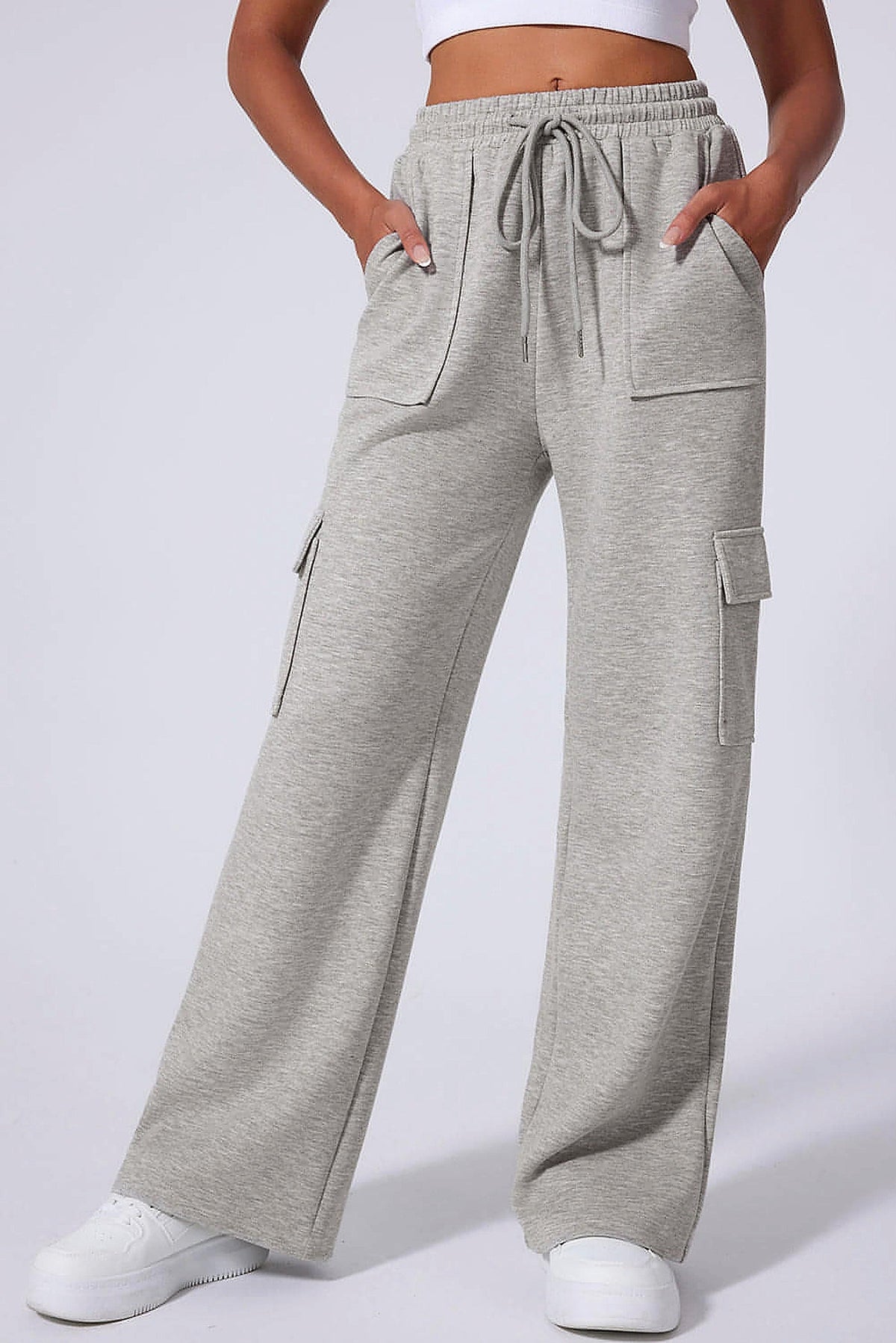 Light Grey Multi Pockets Lace-up High Waist Wide Leg Workout Pants - enhanced image 12