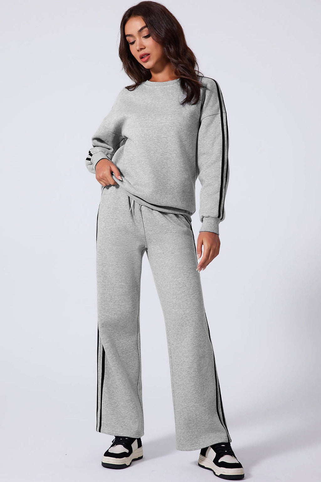 Light Grey Solid Color Side Striped Sweatshirt Active Set - enhanced image 12