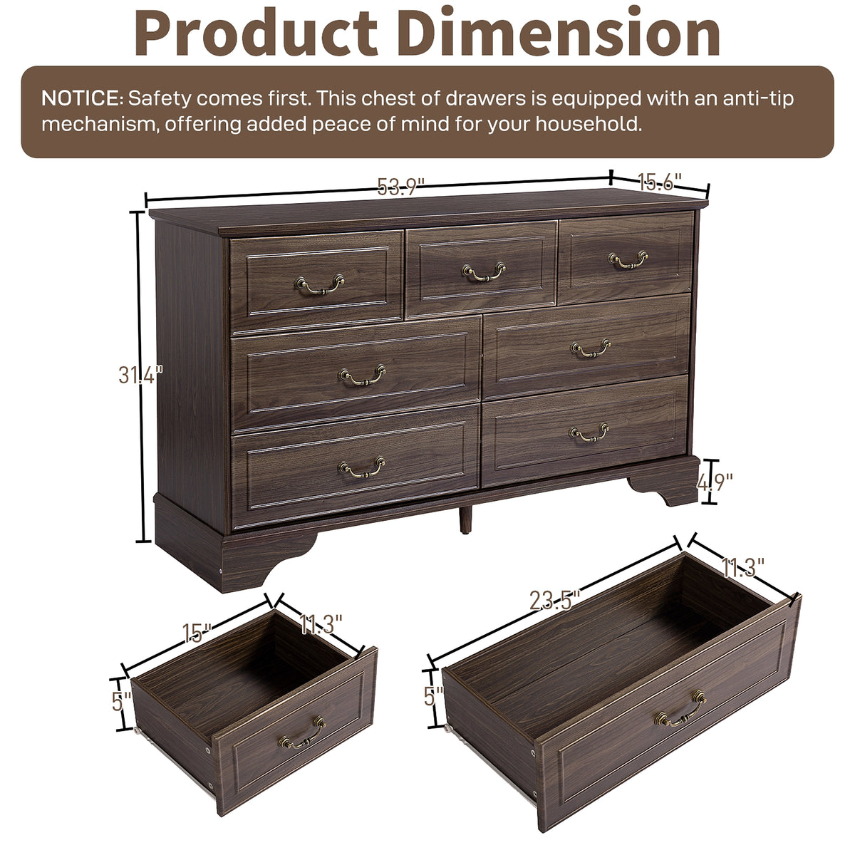 Lunelux™ – 7-Drawer Chest of Drawers (P2 MDF, Walnut Finish) - enhanced image 12