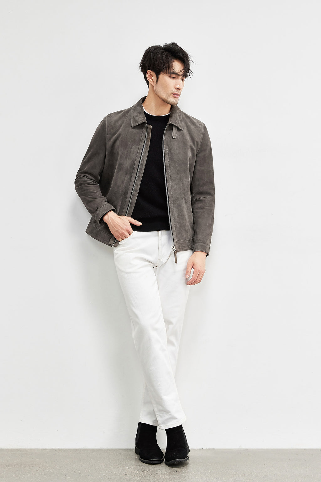 A1. Men's Lambskin Suede Lapel Biker's Leather Jacket - enhanced image 12