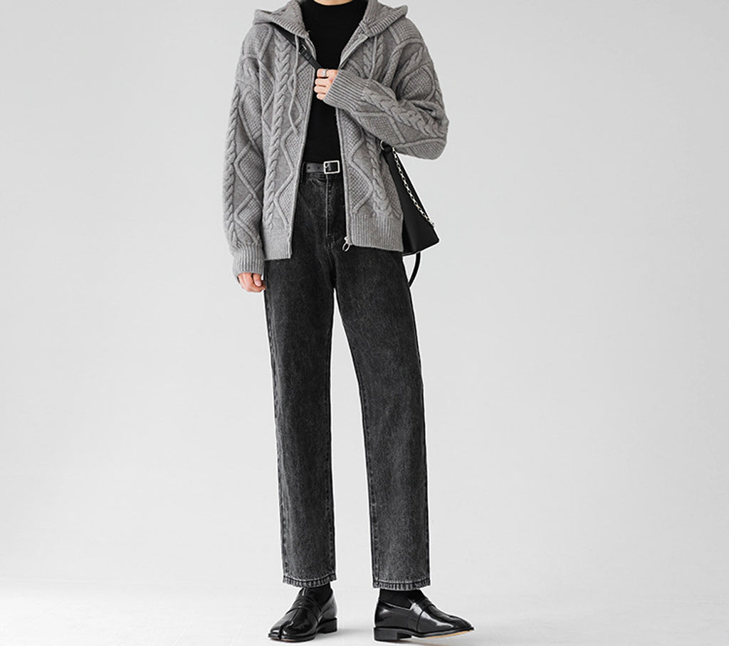Men's Zipper Hooded Solid Color Loose Rhombus Plaid Coat - enhanced image 12
