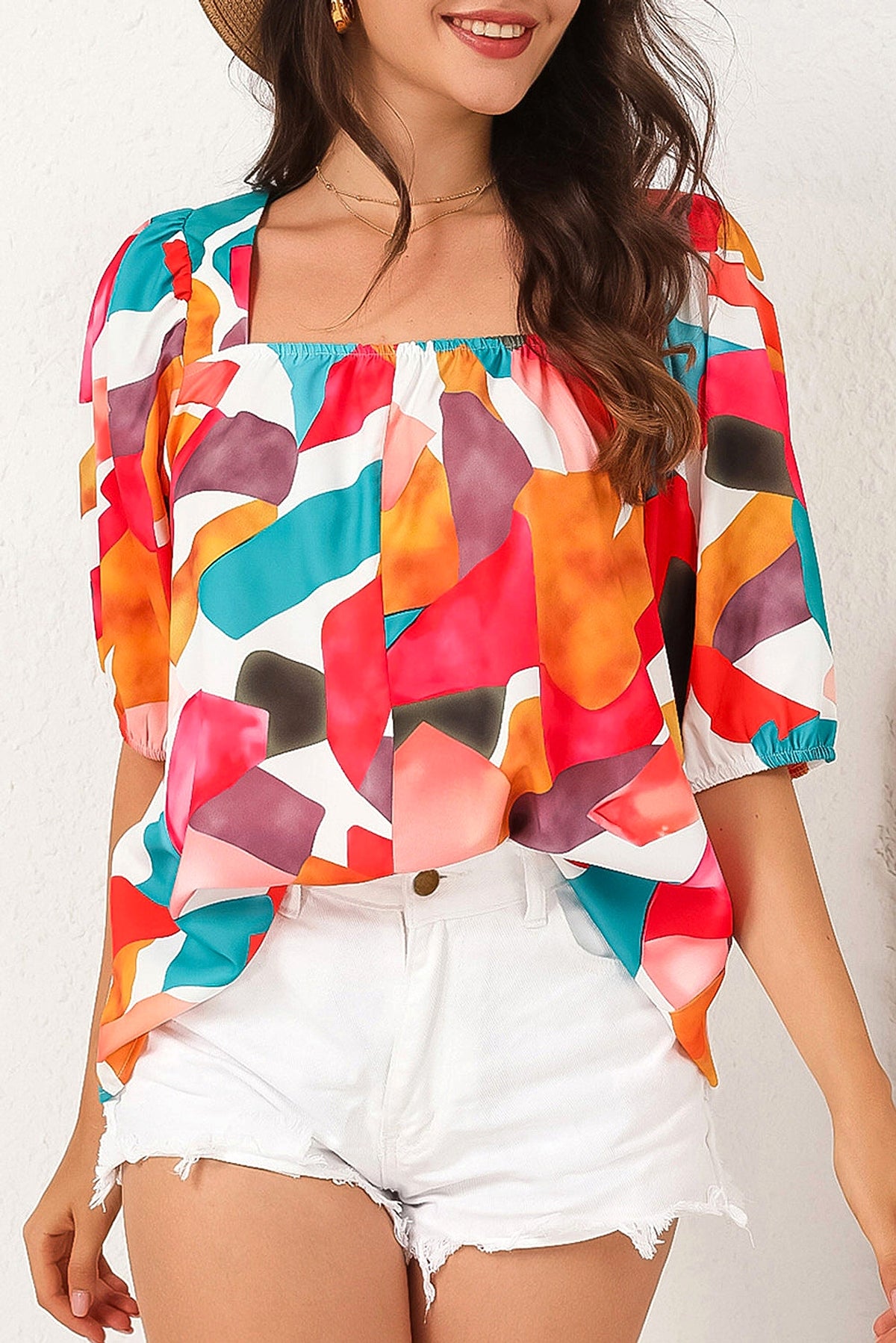 Multicolor Square Neck Abstract Print Short Sleeve Blouse - enhanced image 12