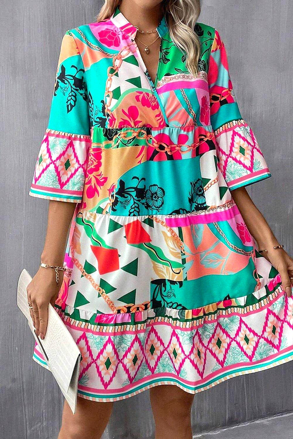 Multicolour Abstract Printed Half Sleeve Notched Neck Mini Dress - enhanced image 12