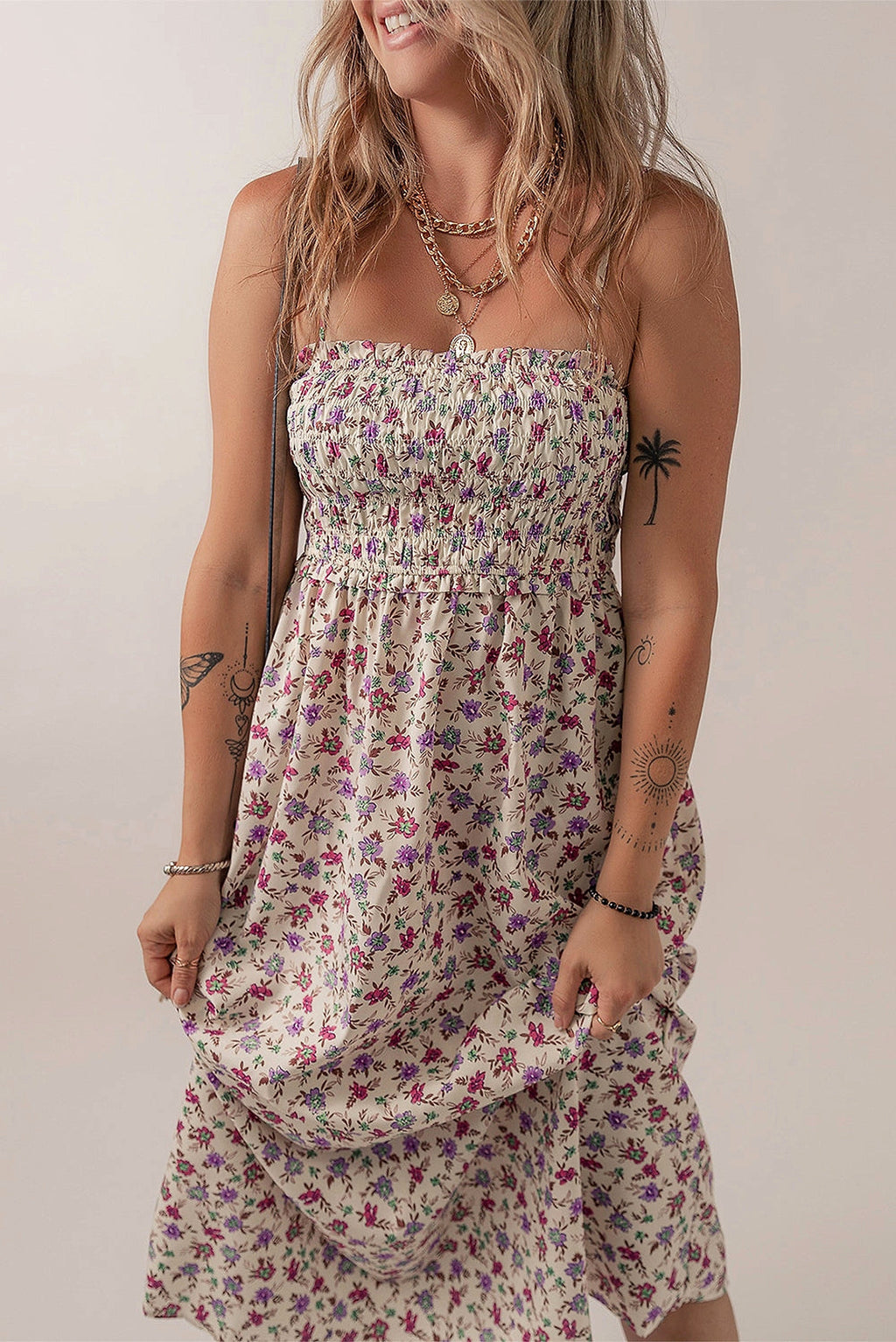 Multicolour Bohemian Ditsy Floral Smocked Fit Flare Sundress - enhanced image 12