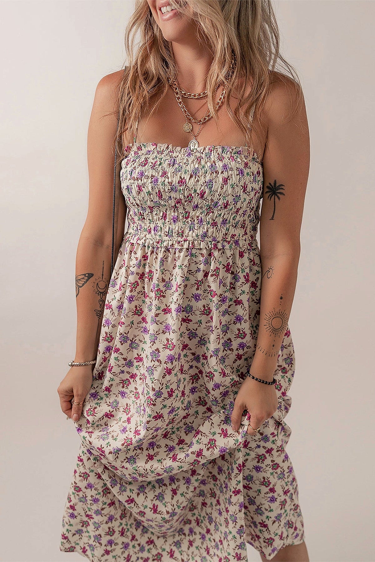 Multicolour Bohemian Ditsy Floral Smocked Fit Flare Sundress - enhanced image 12