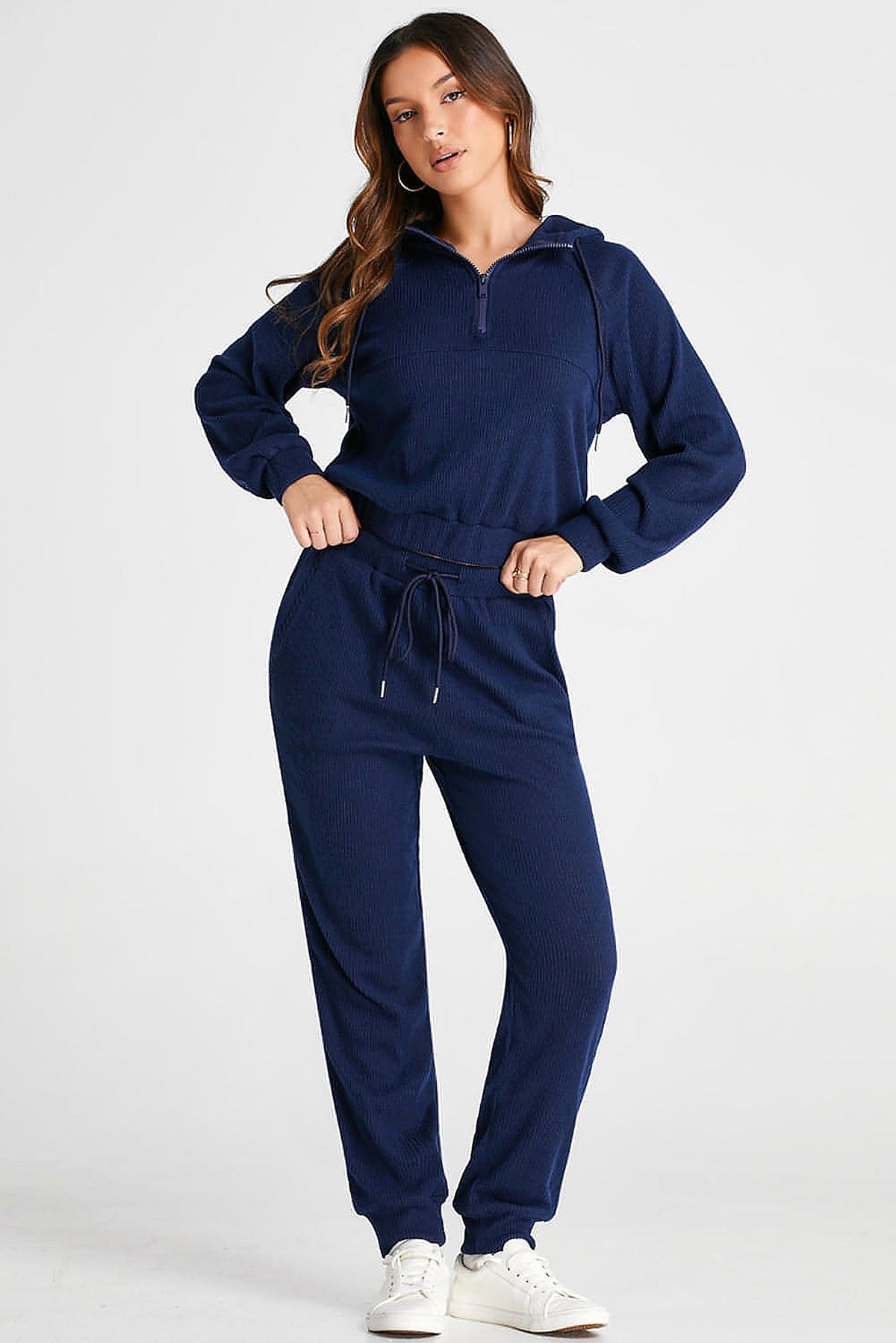 Navy Blue Ribbed Knit Cropped Hoodie and Drawstring Joggers Set - enhanced image 12