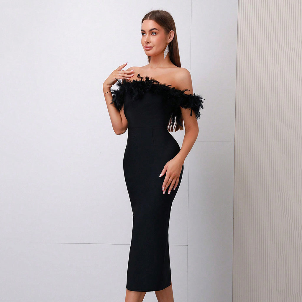 Off-neck Feather Women's Dress - enhanced image 12
