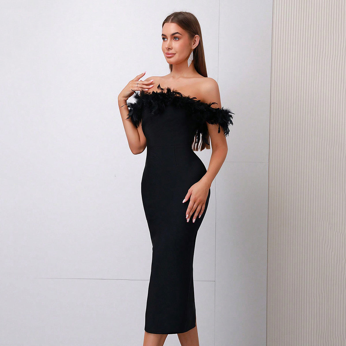 Off-neck Feather Women's Dress - enhanced image 12