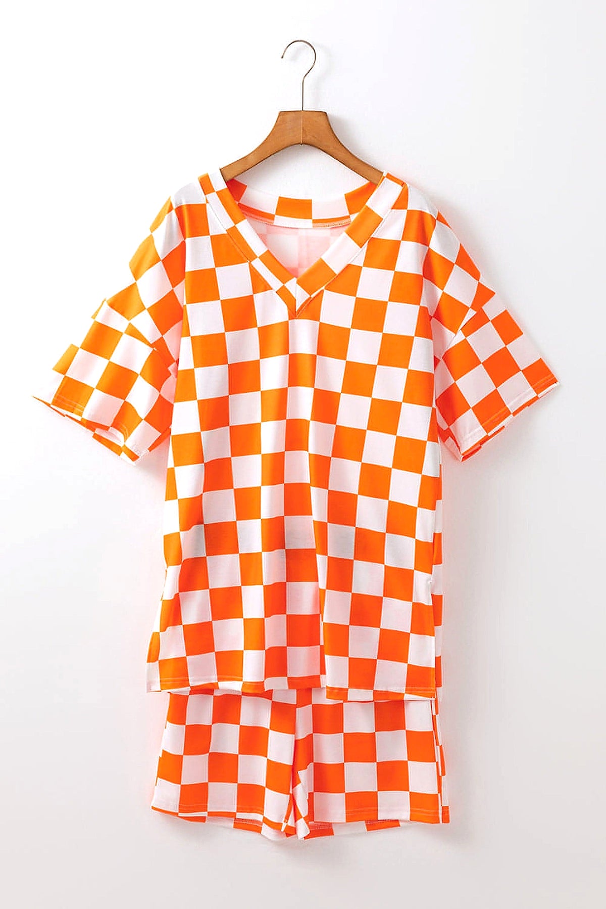 Orange Checkerboard Print V Neck Loose Tee and Shorts Lounge Set - enhanced image 12