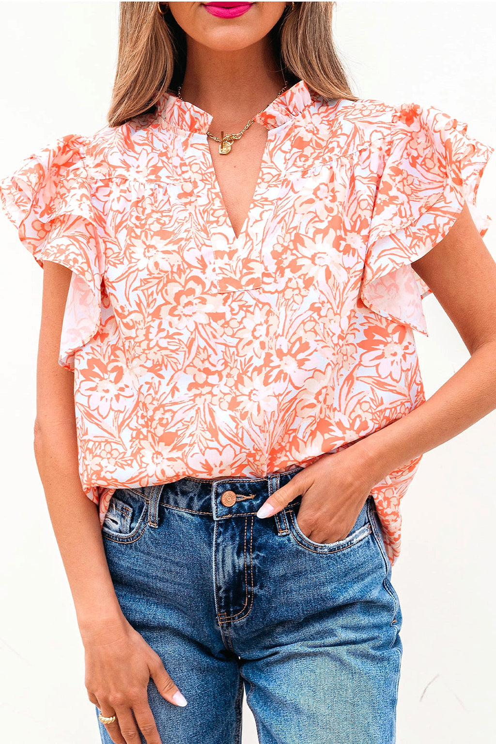 Orange Floral Ruffle Sleeve Split Neck Blouse - enhanced image 12