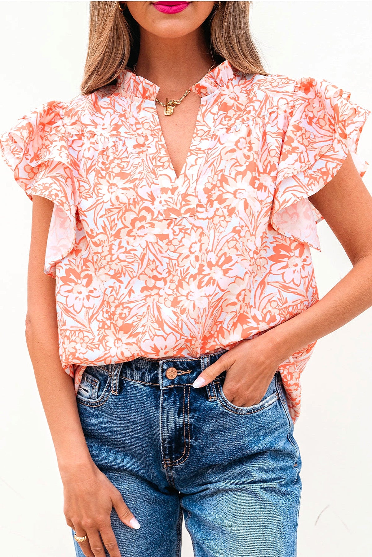 Orange Floral Ruffle Sleeve Split Neck Blouse - enhanced image 12