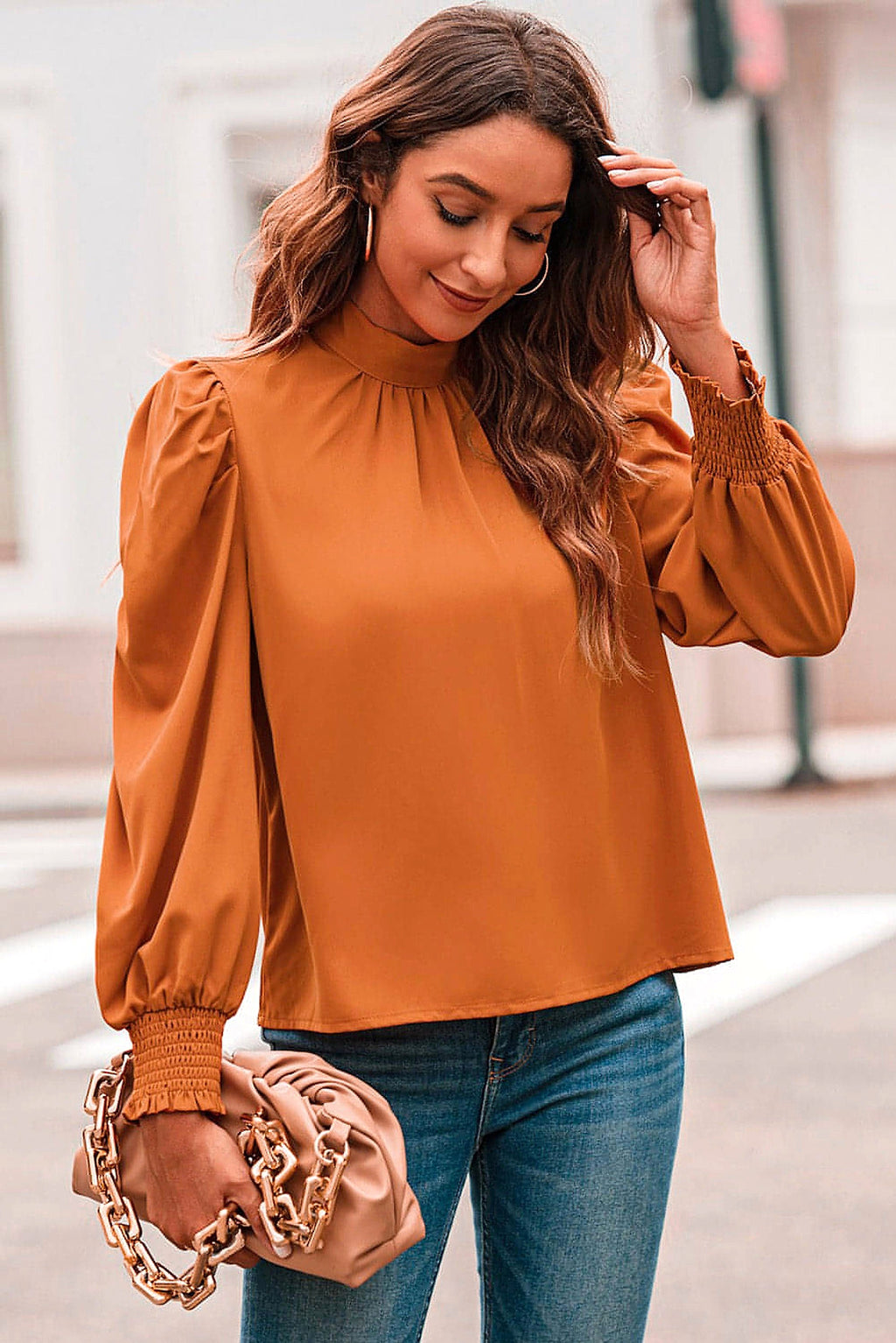 Orange Long Bubble Sleeve Mock Neck Chiffon Blouse - enhanced image 12
