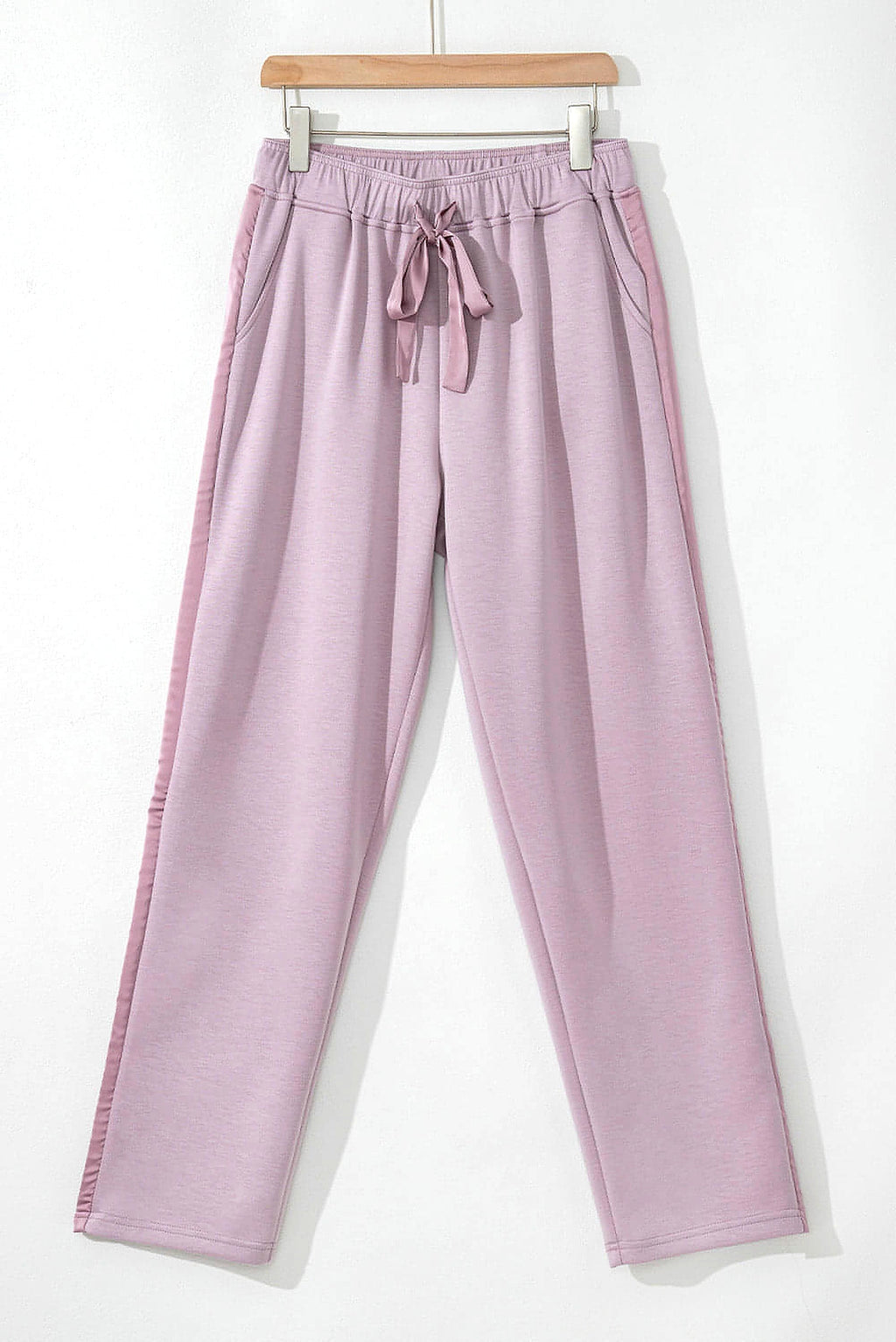 Orchid Petal Drawstring Waist Satin Stripe Patch Straight Leg High Waist Pants - enhanced image 12