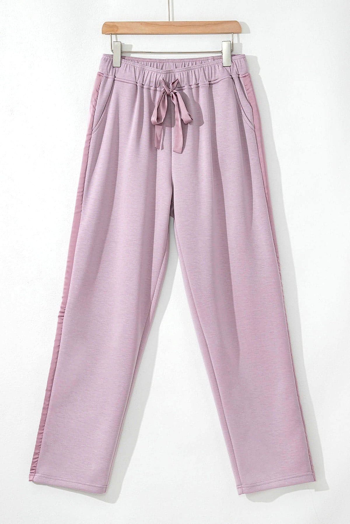 Orchid Petal Drawstring Waist Satin Stripe Patch Straight Leg High Waist Pants - enhanced image 12