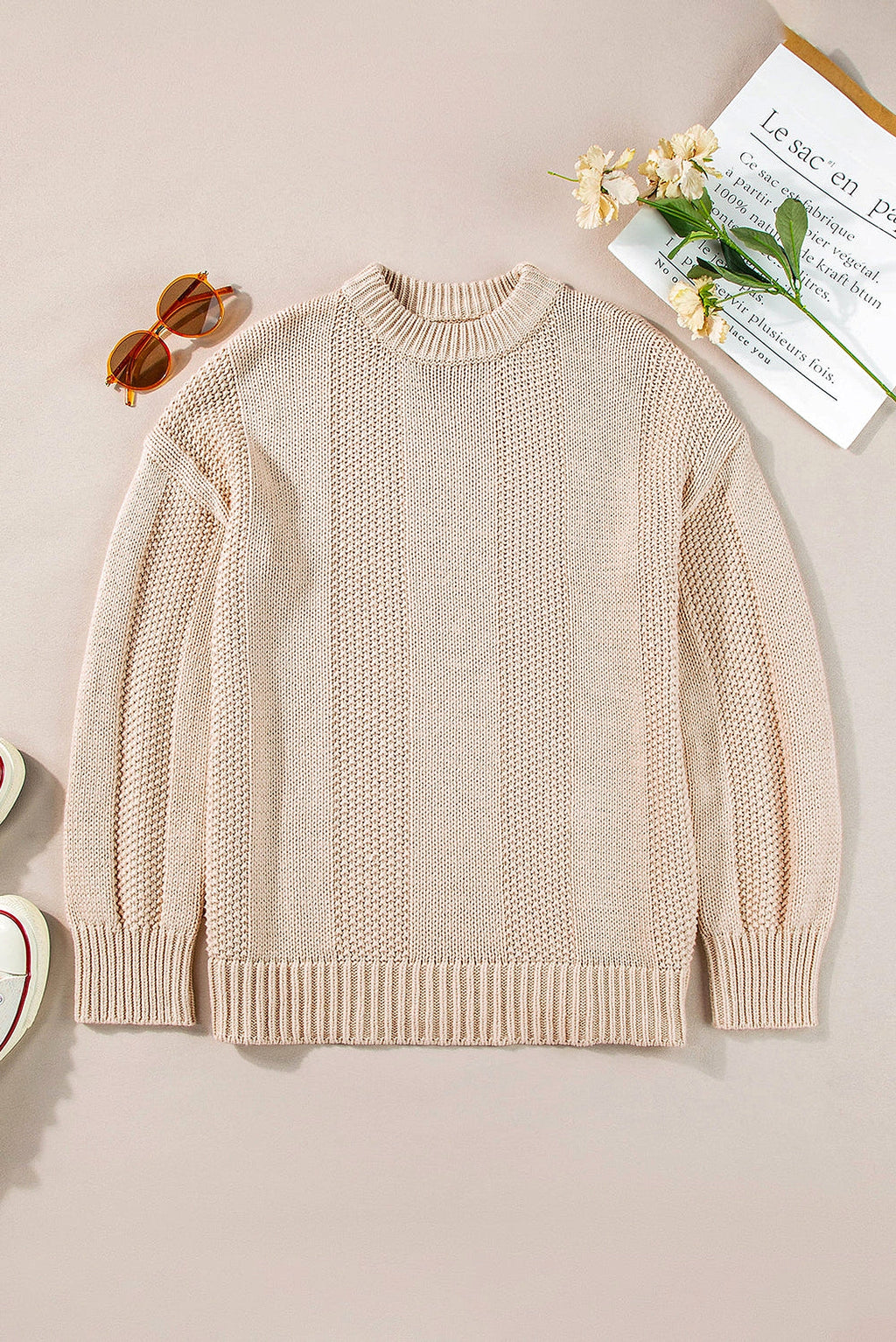Pale Khaki Solid Color Cable Knit Ribbed Loose Sweater - enhanced image 12