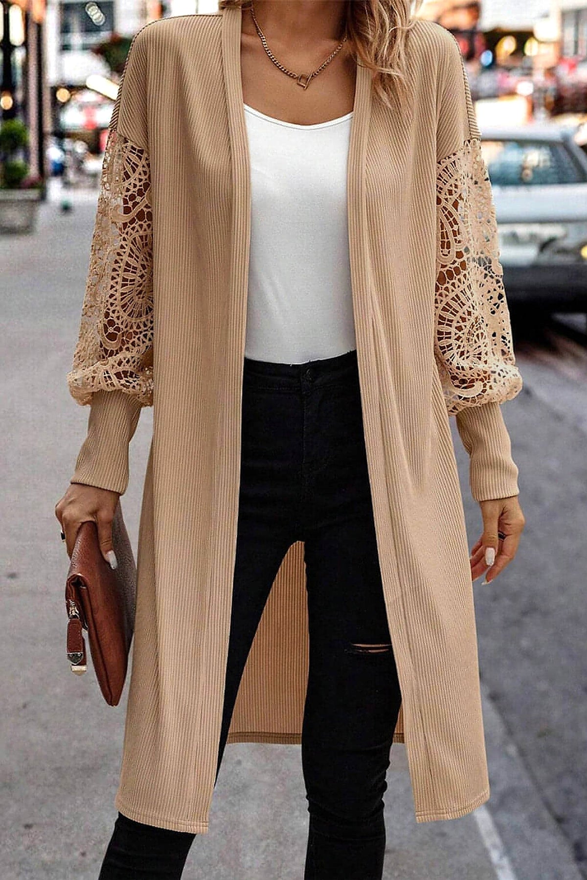Parchment Lace Patchwork Ribbed Knit Open Front Duster Cardigan - enhanced image 12