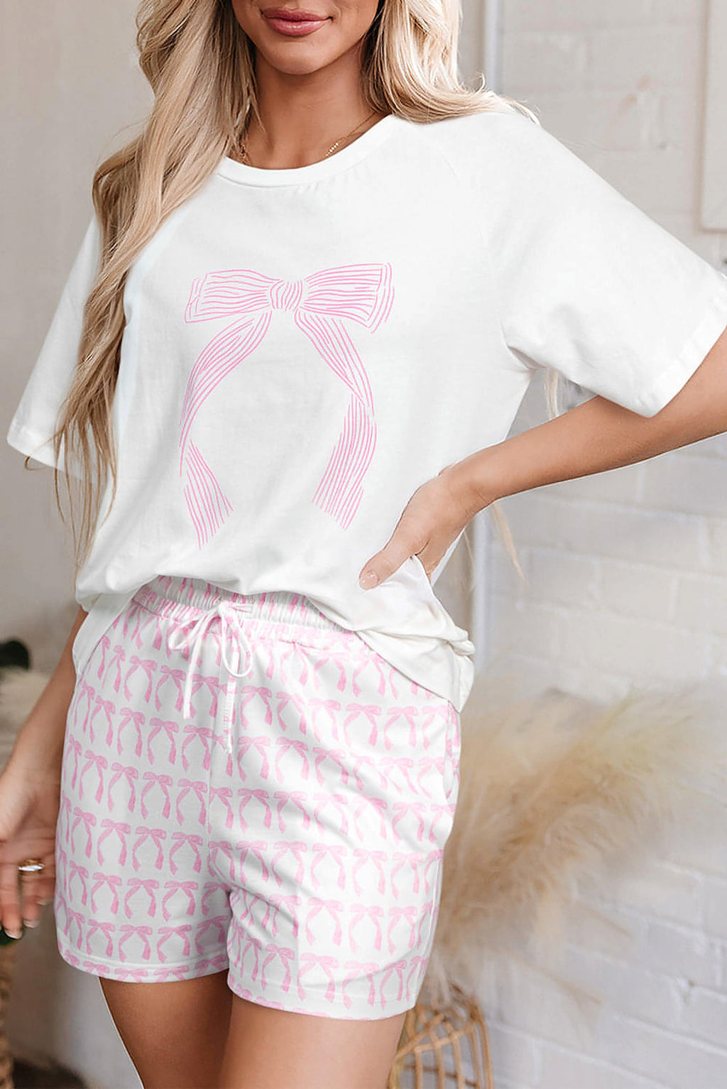 Pink Bow Knot Print Loose Fit Two Piece Casual Lounge Set - enhanced image 12