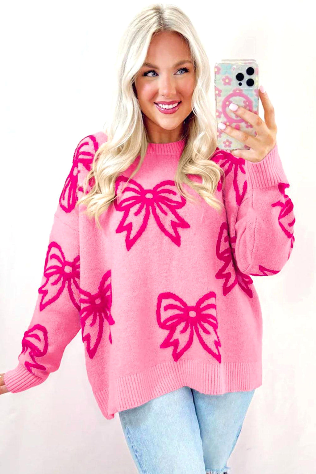 Pink Bow Pattern Drop Shoulder Loose Sweater - enhanced image 12