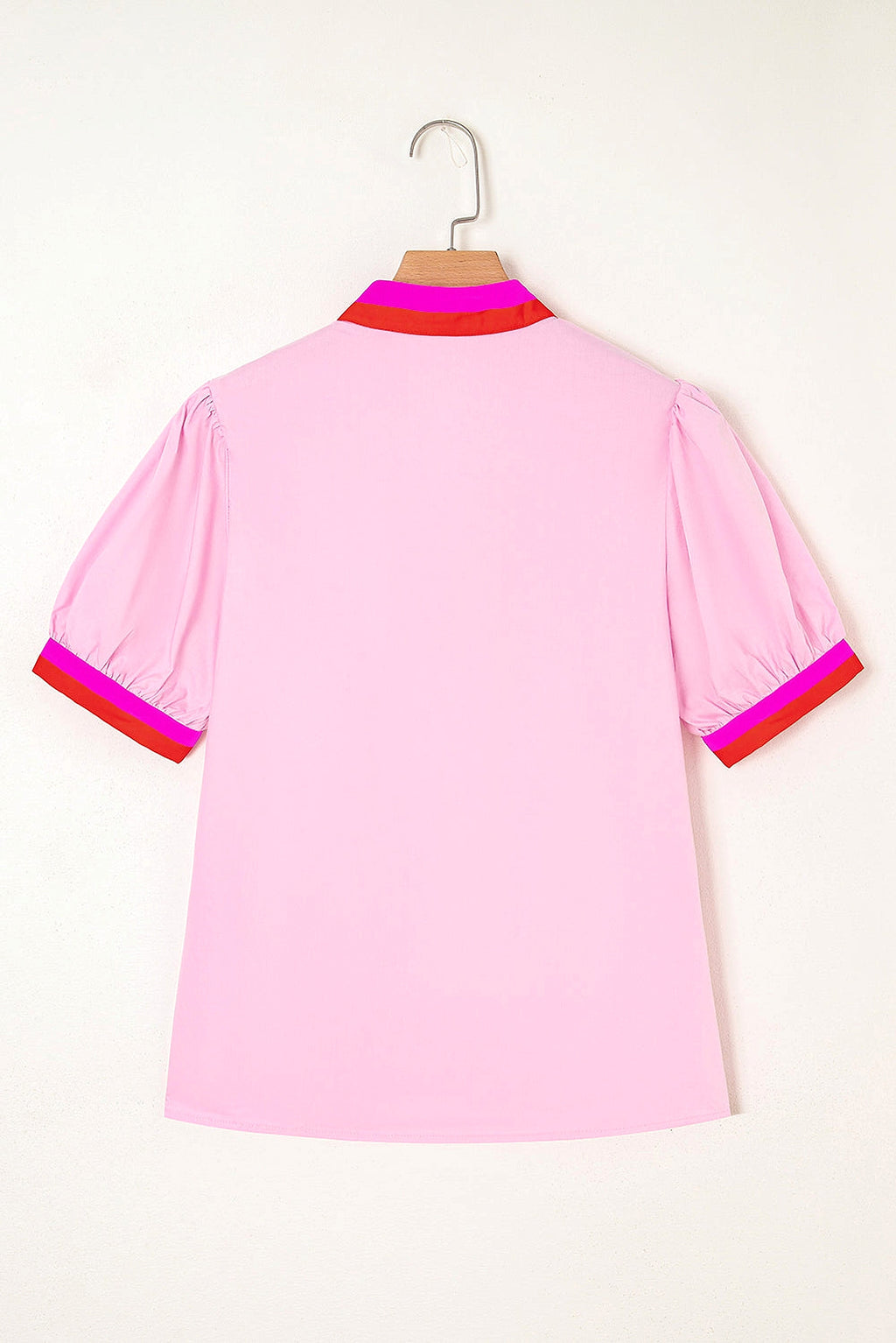 Pink Contrast Striped V Neck Collision Short Puff Sleeve Blouse - enhanced image 12