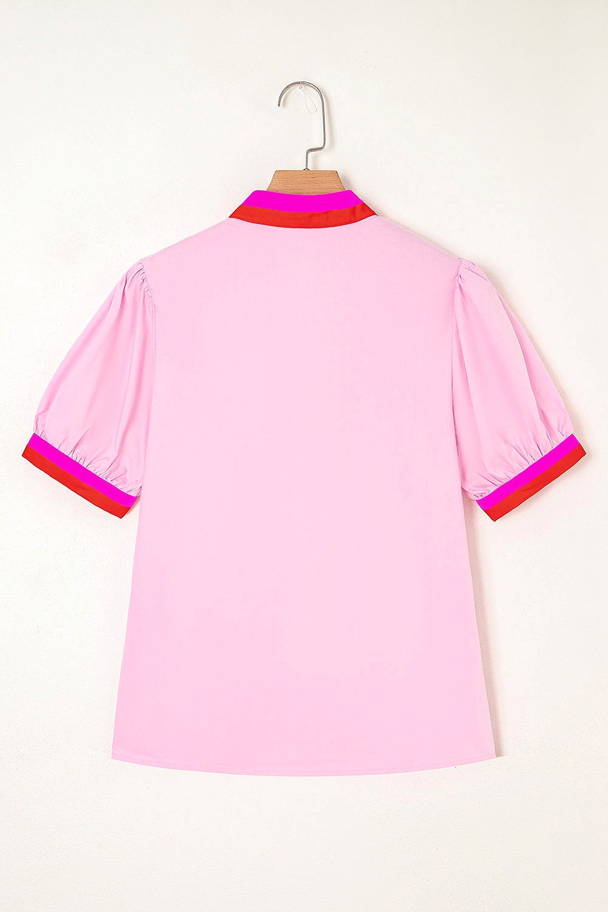 Pink Contrast Striped V Neck Collision Short Puff Sleeve Blouse - enhanced image 12