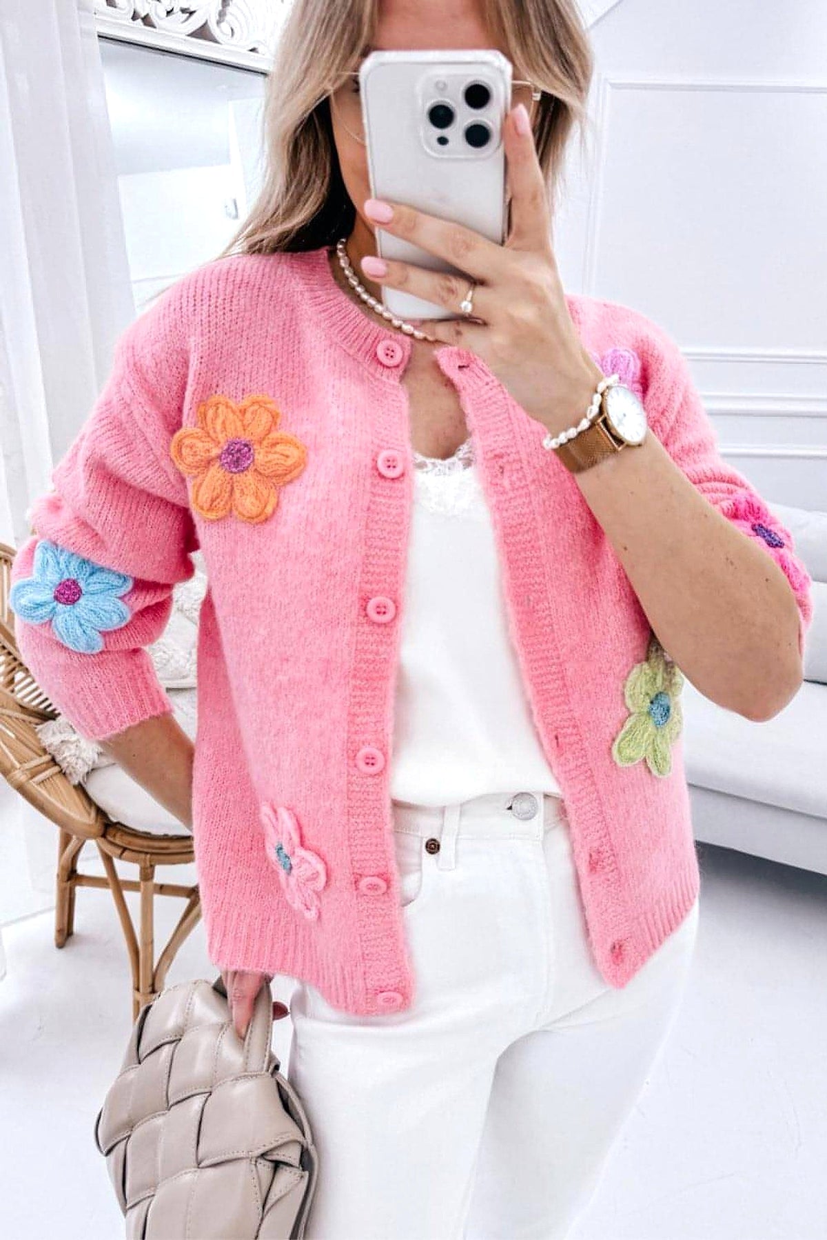 Pink Cute Knitted Floral Pattern Button Up Cardigan - enhanced image 12