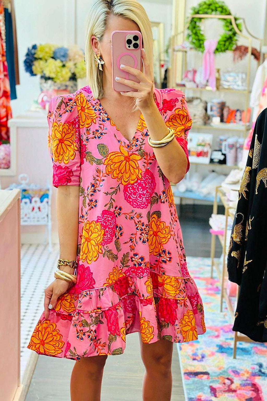 Pink Floral Bubble Sleeve V Neck Ruffled Mini Dress - enhanced image 12