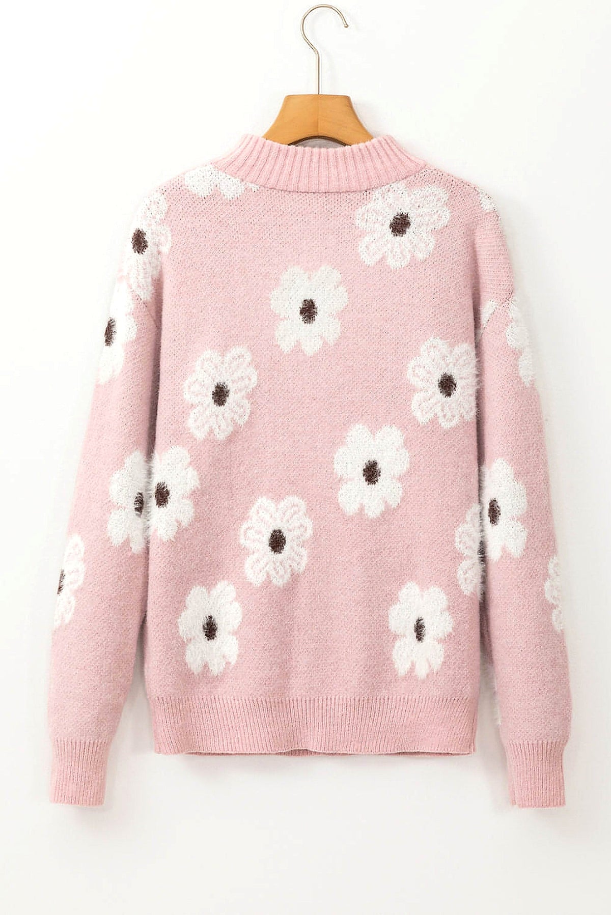 Pink Floral Pattern Half Zip Drop Shoulder Sweater - enhanced image 12