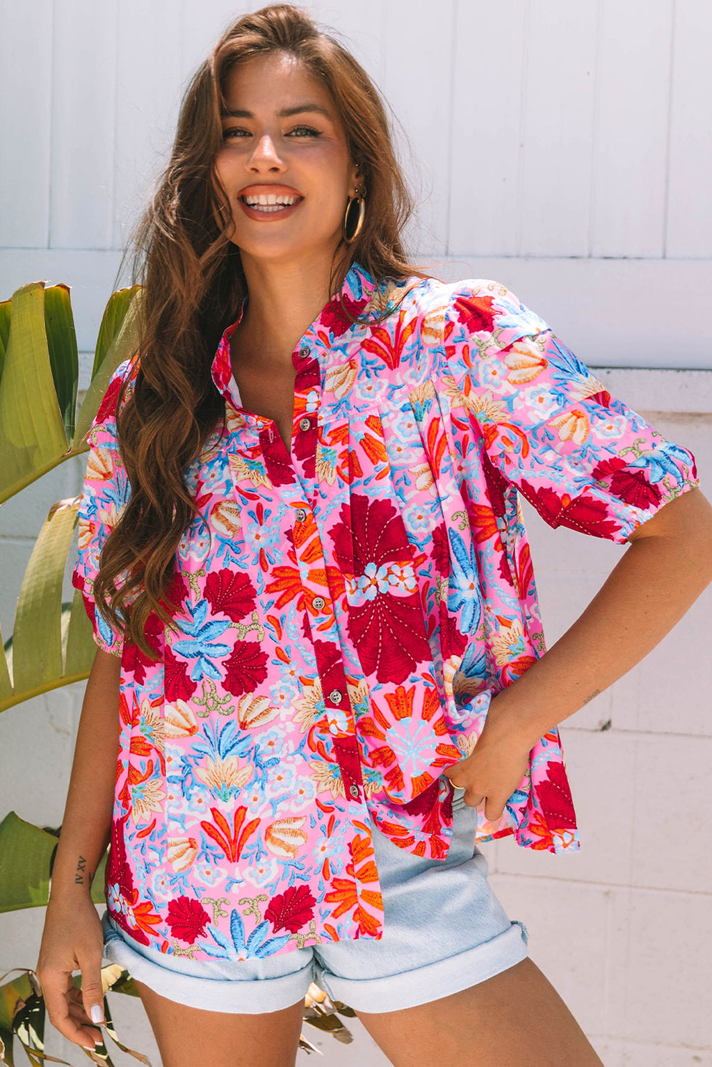 Pink Floral Print Bubble Sleeve Button Up Pleated Shirt - enhanced image 12