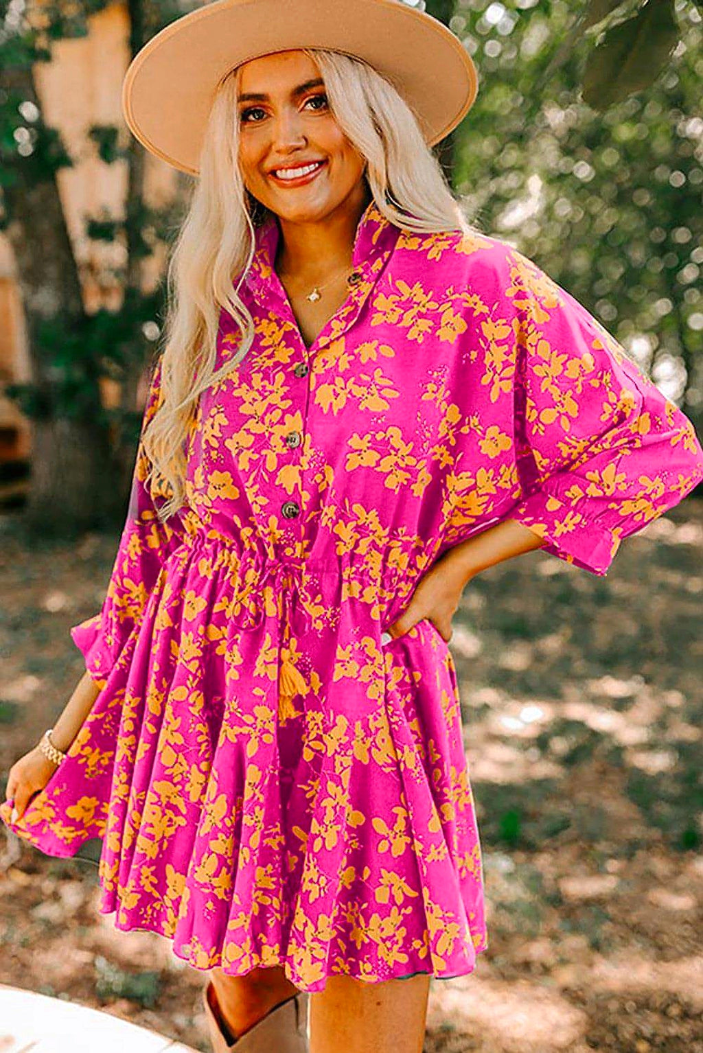 Pink Floral Print Drawstring Tunic Flowy Short Dress - enhanced image 12