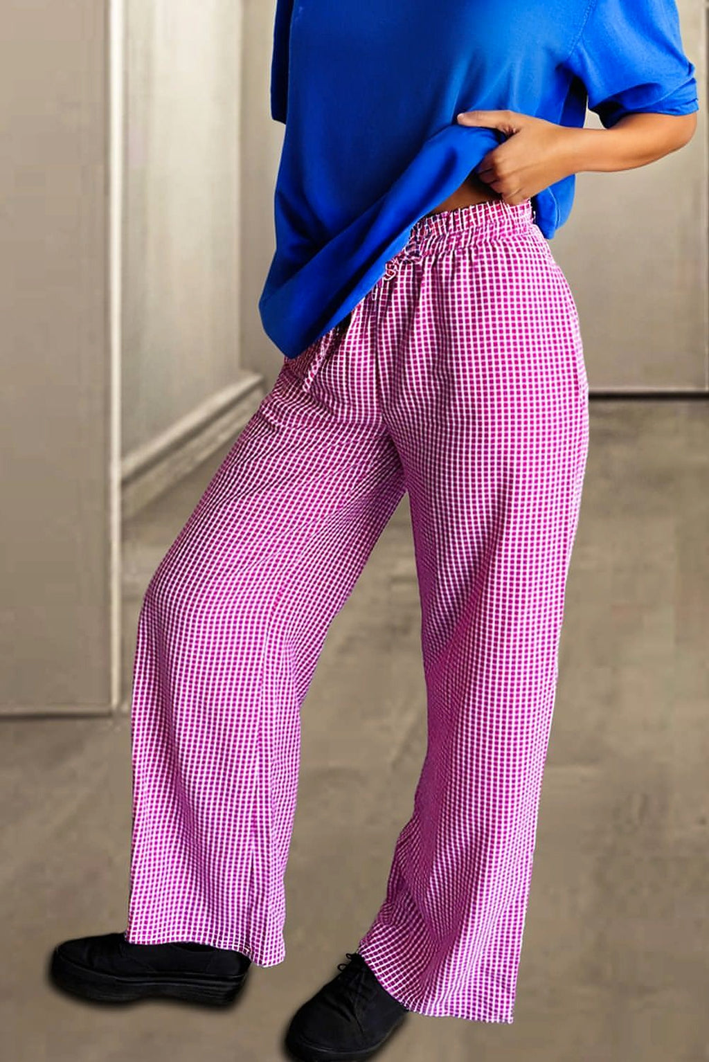 Pink Plaid Print Drawstring High Waist Wide Leg Casual Pants - enhanced image 12
