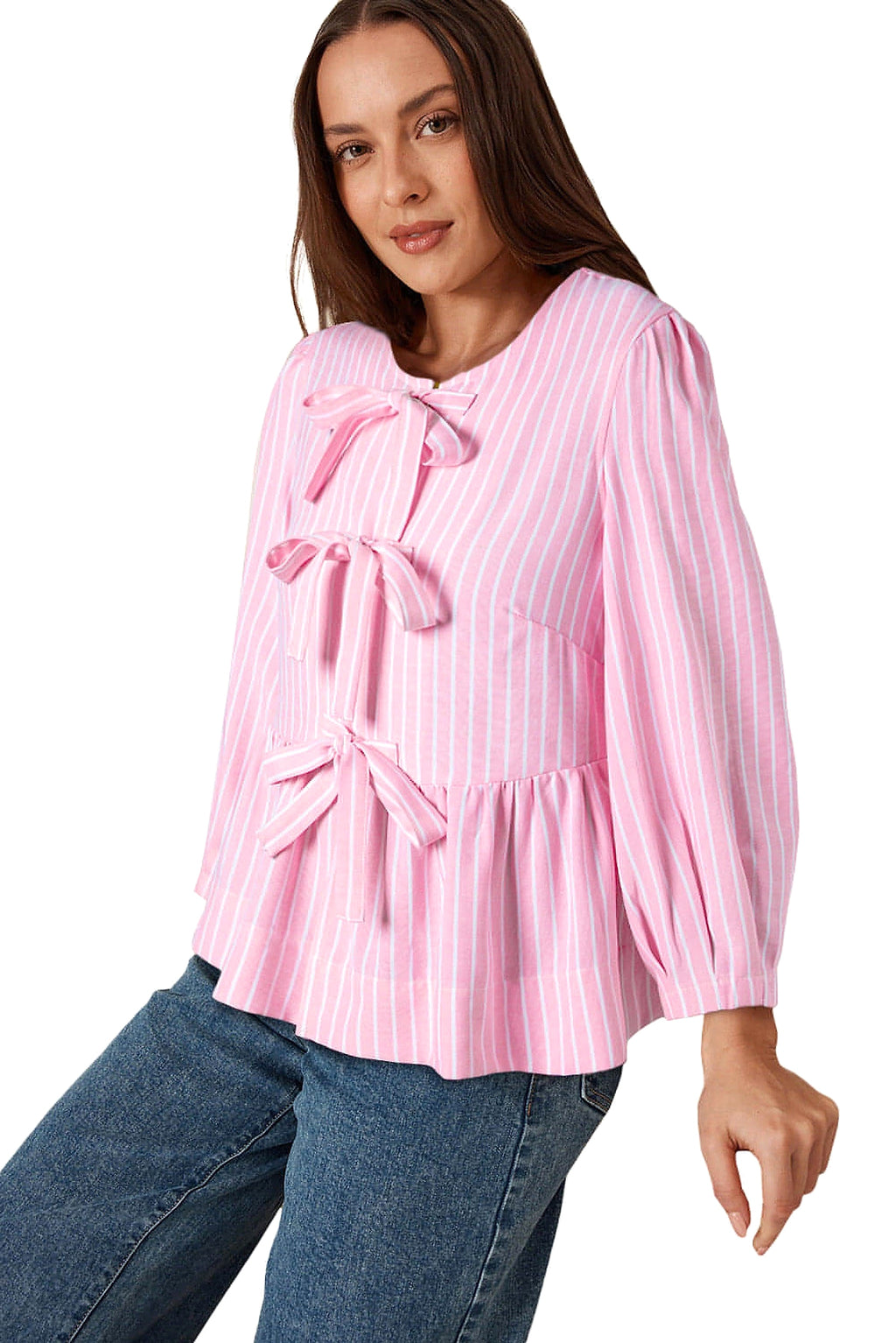 Pink Stripe Bowknot Front Crew Neck Puff Sleeve Blouse - enhanced image 12