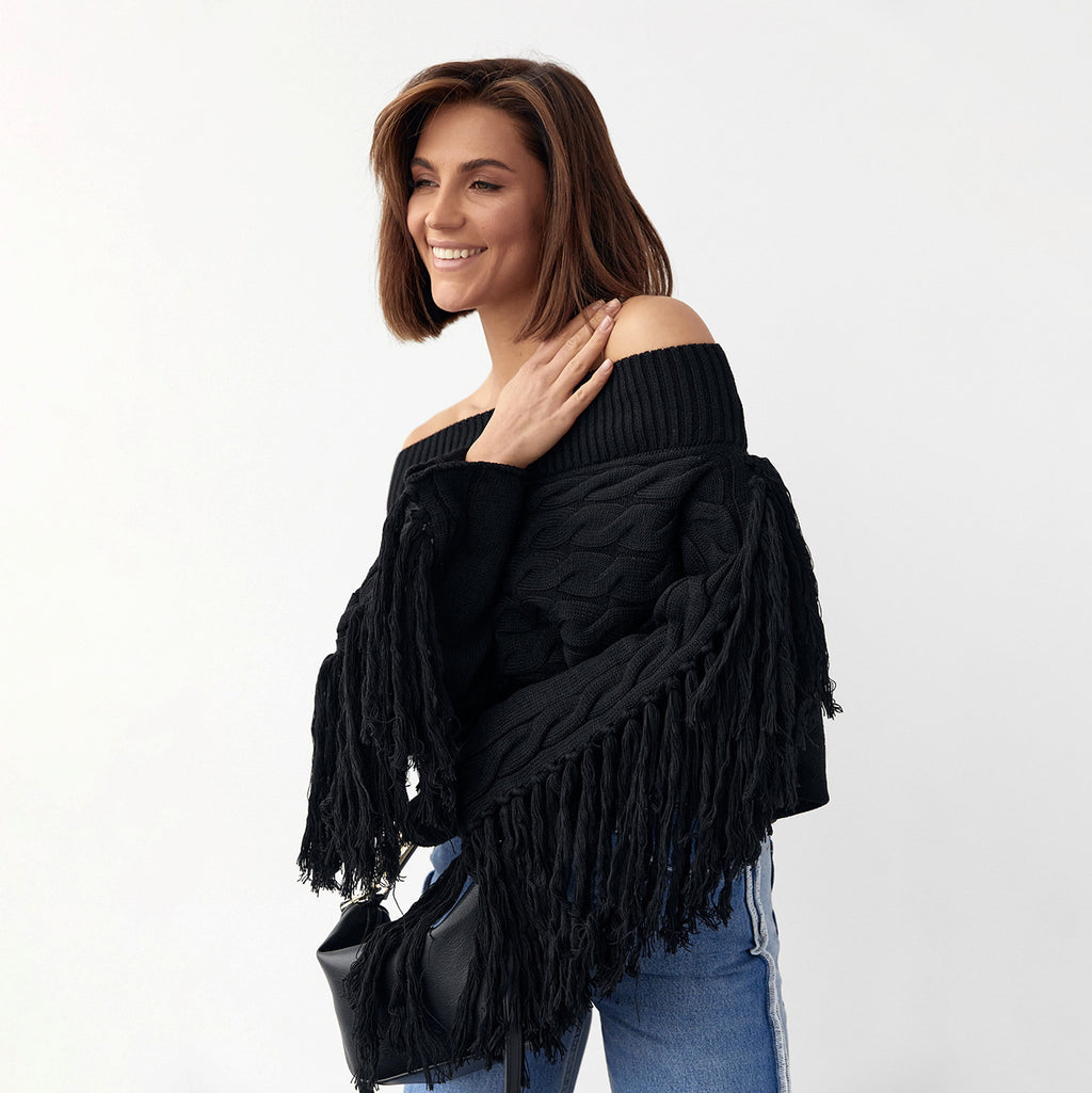A Pure Color Elegant Style Woolen Tassel Design Sweater  Women - enhanced image 12