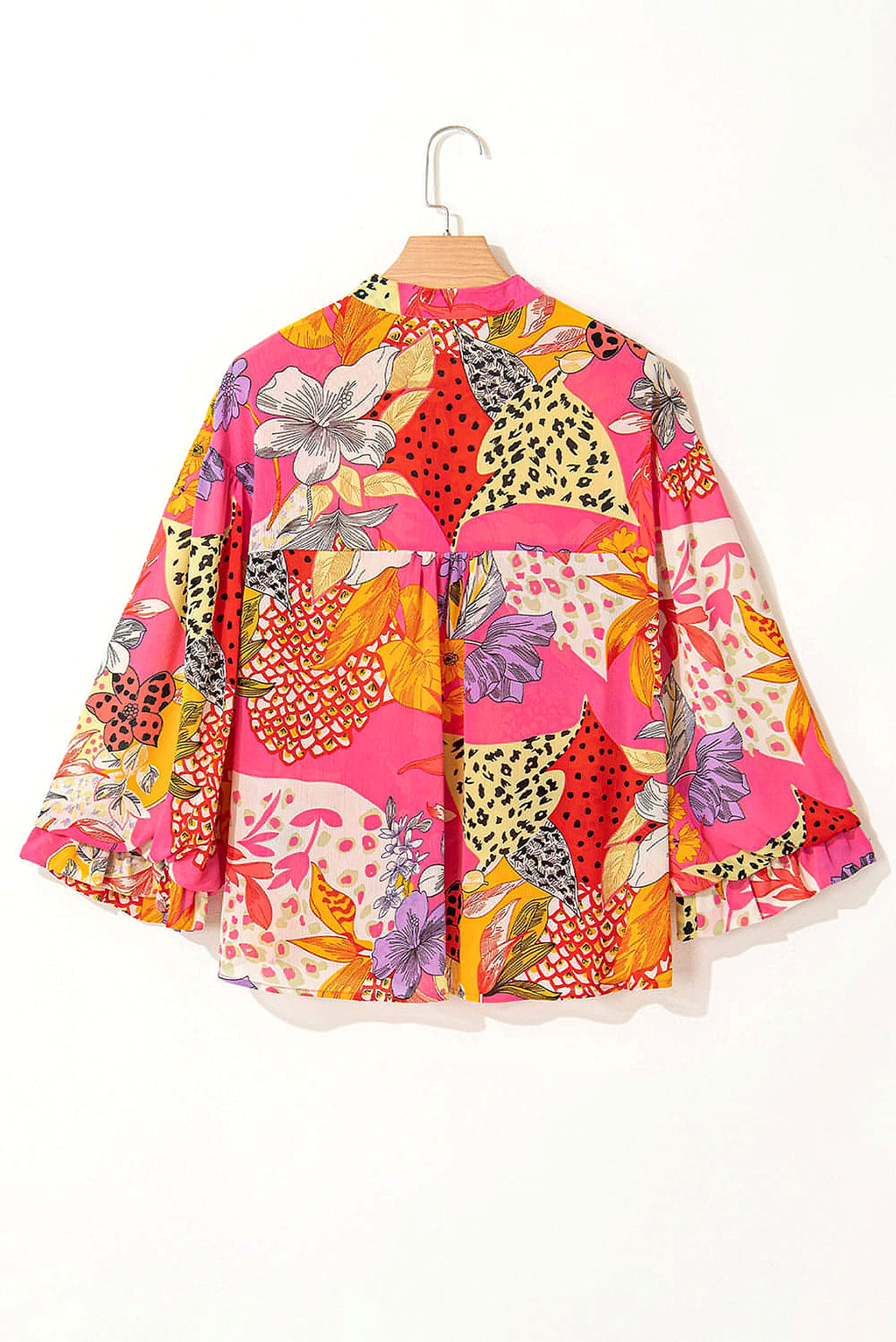 Red Abstract Floral Print Buttoned Ruffled Bubble Sleeve Shirt - enhanced image 12