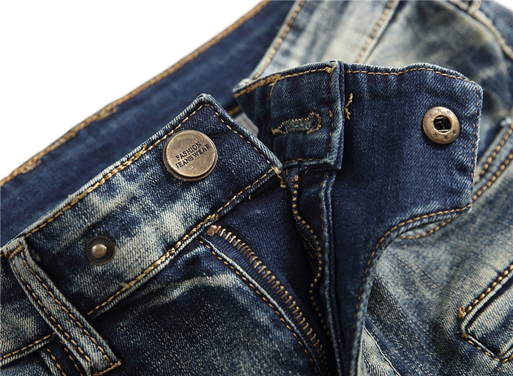 Retro Crumpled Hole Patch Elastic Straight Skinny Jeans - enhanced image 12