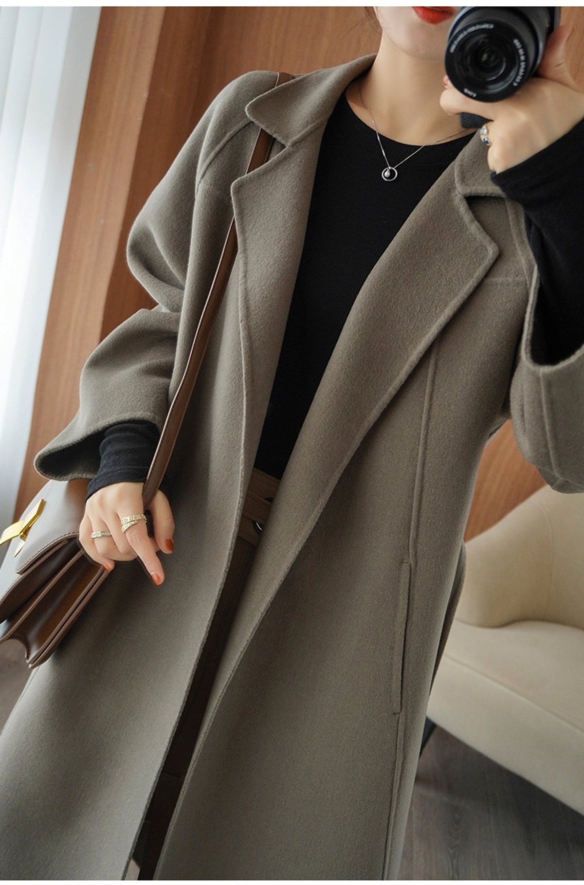 Reversible Cashmere Coat Women's Mid-length Loose Over Knee Coat - enhanced image 12