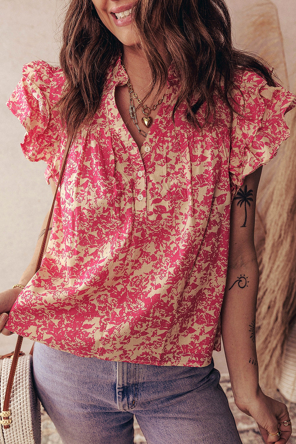 Rose Allover Printed Half Button Neck Ruffle Sleeve Blouse - enhanced image 12