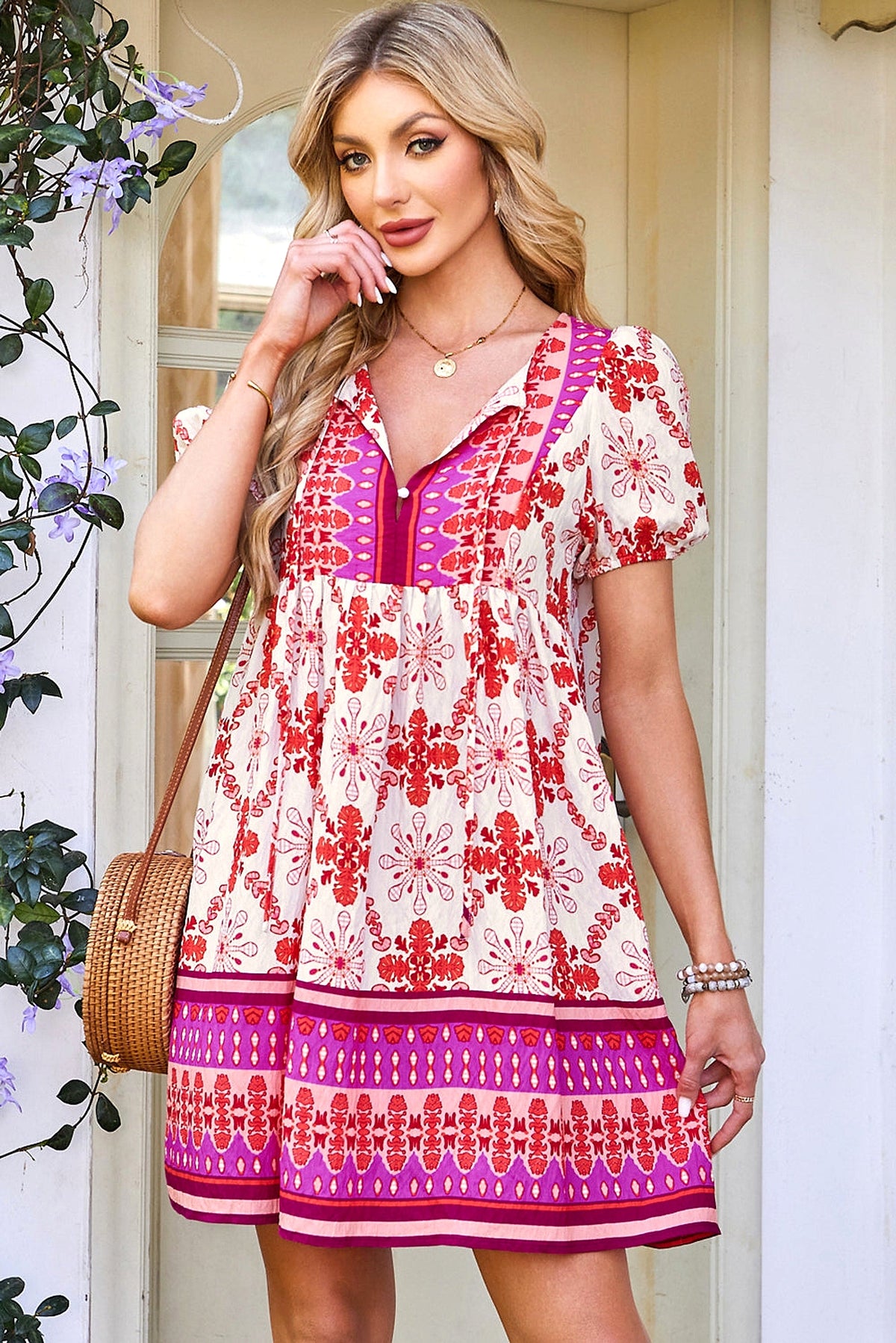 Rose Boho Floral Short Sleeve Lace-up V Neck Mini Dress - enhanced image 12