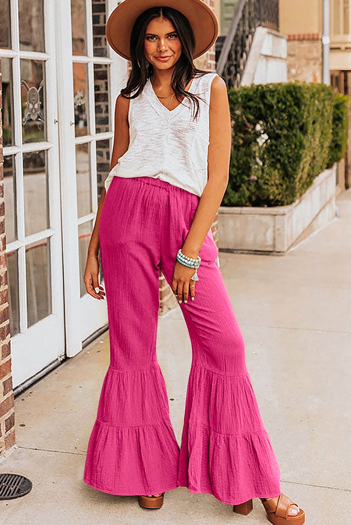 Rose Textured High Waist Ruffled Bell Bottom Pants - enhanced image 12