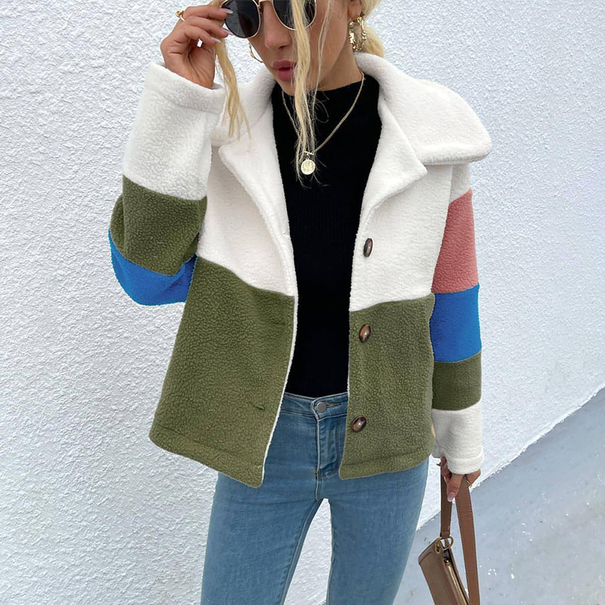 Shiny Color Block Button Down Collared Jacket - enhanced image 12