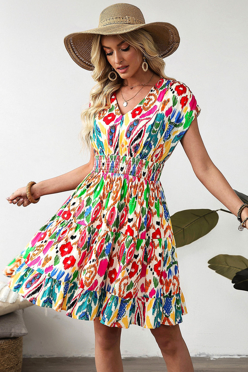 Sky Blue Abstract Print V Neck Dolman Sleeve Ruffle Tiered Mini Dress - enhanced image 12