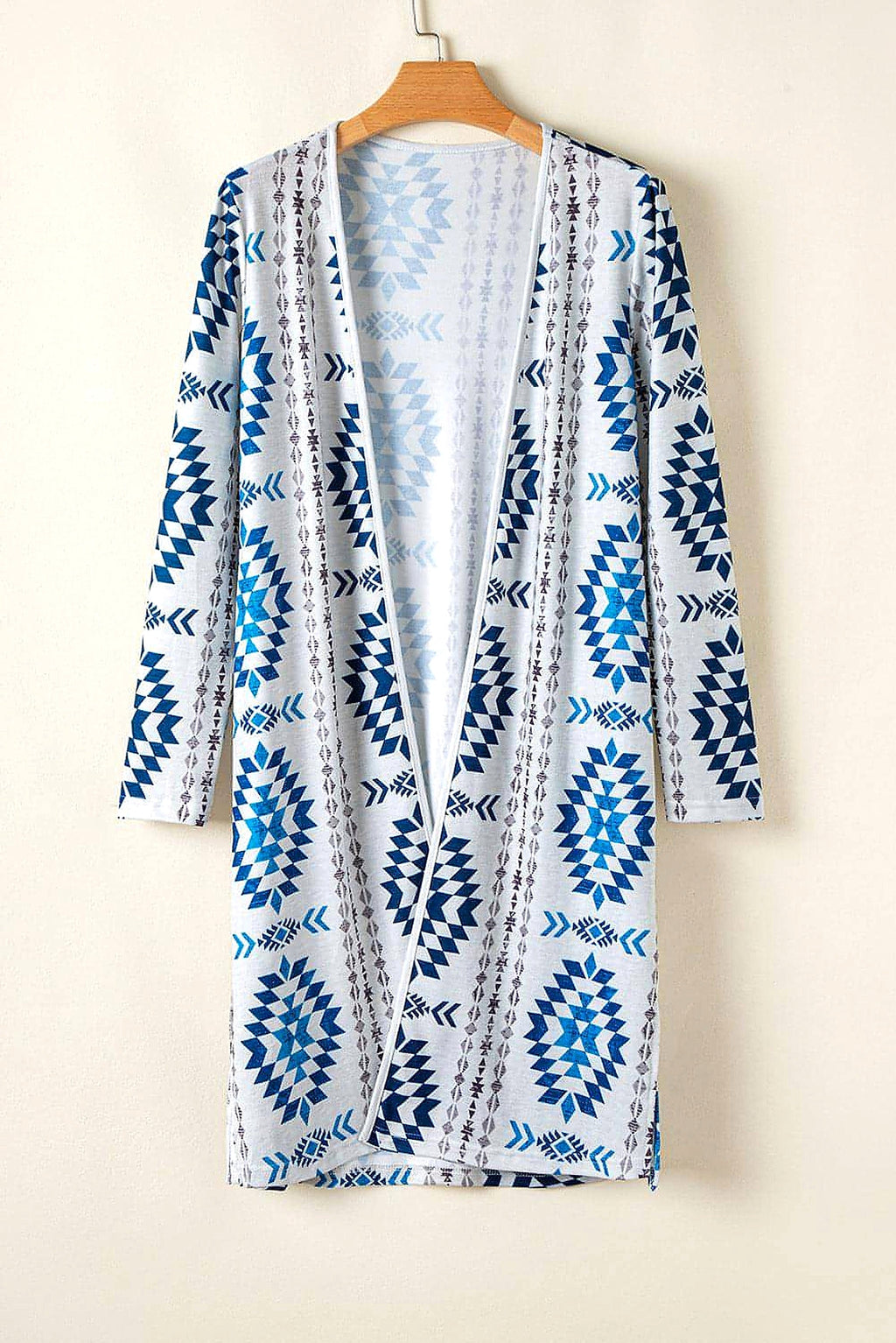 Sky Blue Western Aztec Printed Open Front Long Cardigan - enhanced image 12