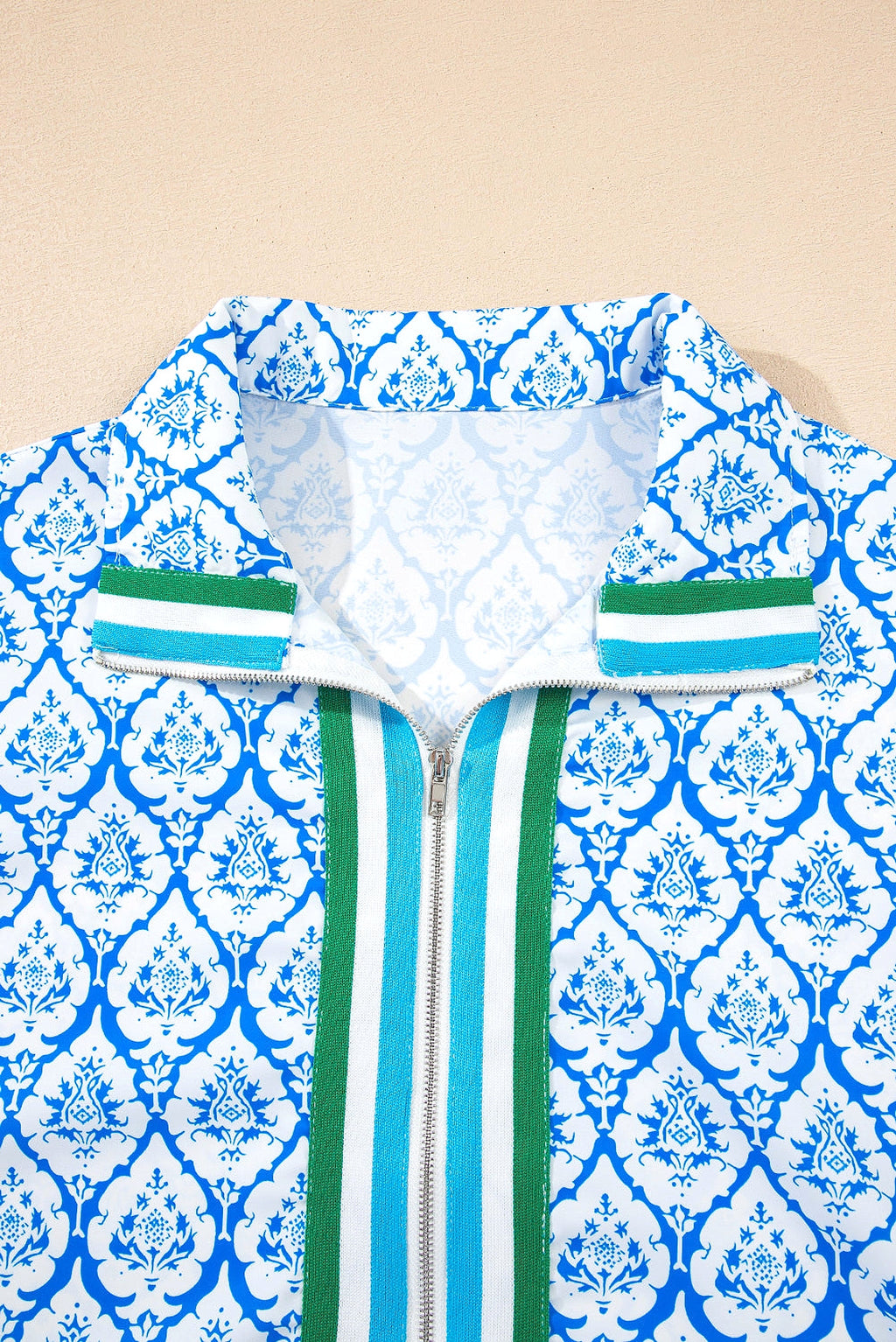 Sky Blue Western Print Zipped Collar Short Sleeve Summer Blouse Top - enhanced image 12
