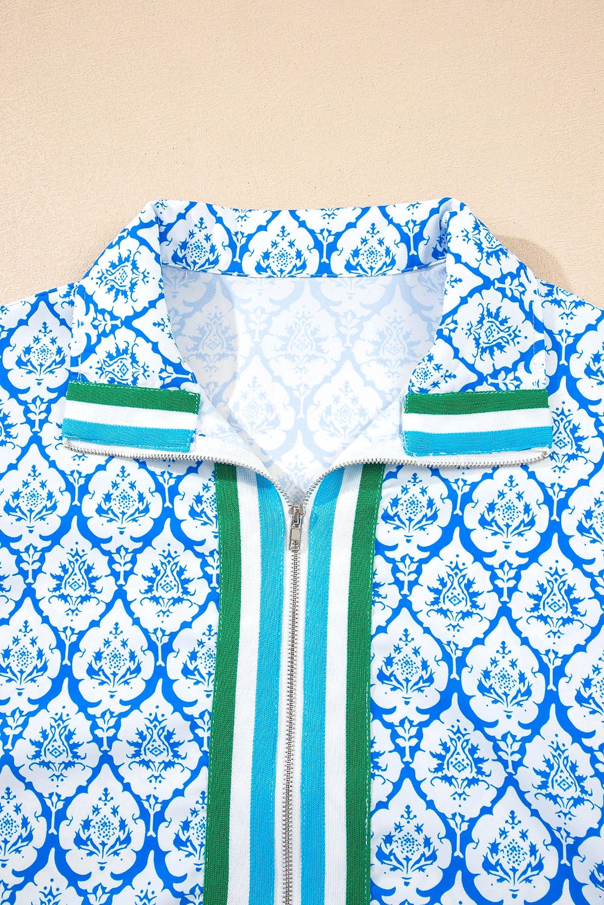 Sky Blue Western Print Zipped Collar Short Sleeve Summer Blouse Top - enhanced image 12
