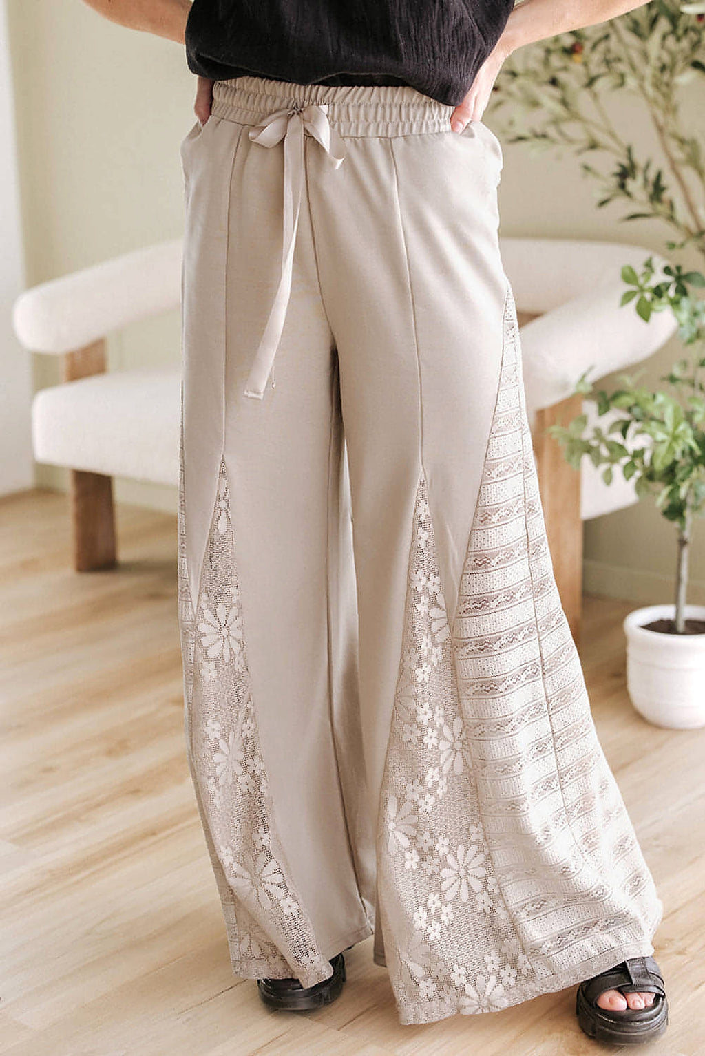 Smoke Gray Boho Lace Patchwork Wide Leg High Waist Pants - enhanced image 12