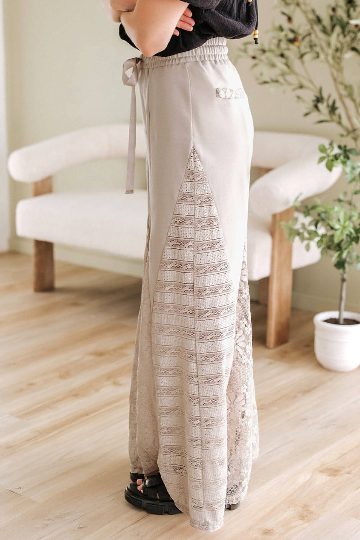 Smoke Gray Boho Lace Patchwork Wide Leg High Waist Pants - enhanced image 12