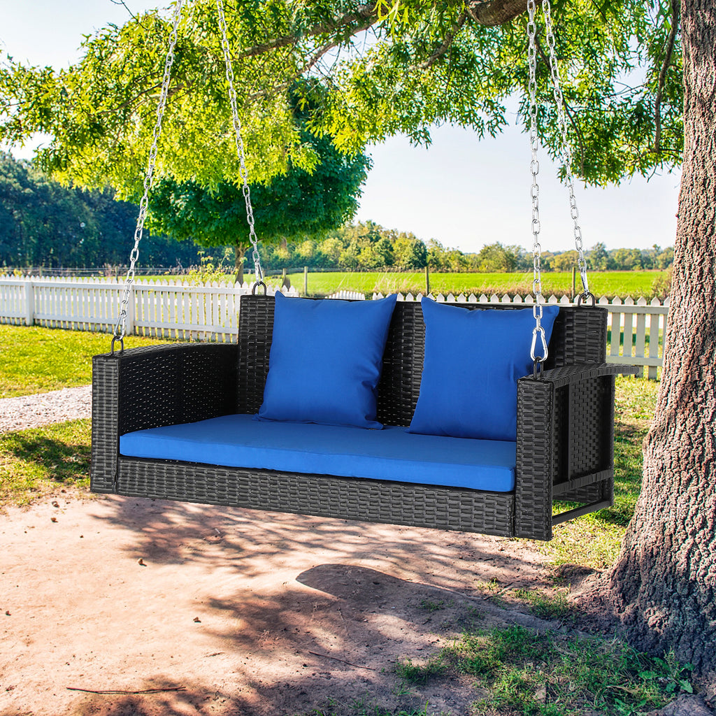 SolunaSwing™ – 4ft Black Rattan Hanging Chair with Blue Cushions - enhanced image 12