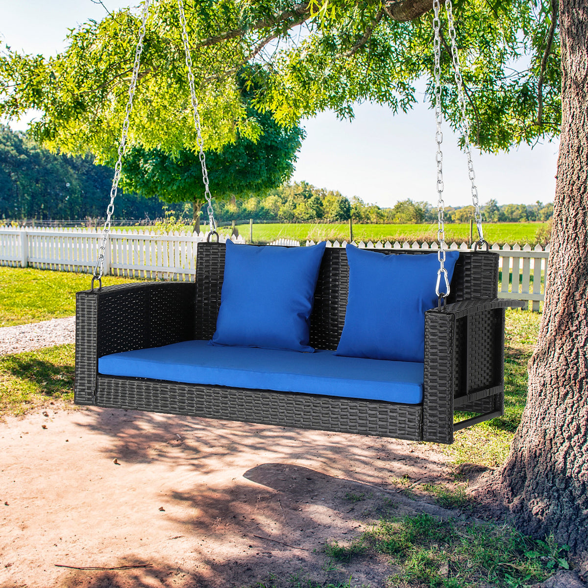 SolunaSwing™ – 4ft Black Rattan Hanging Chair with Blue Cushions - enhanced image 12